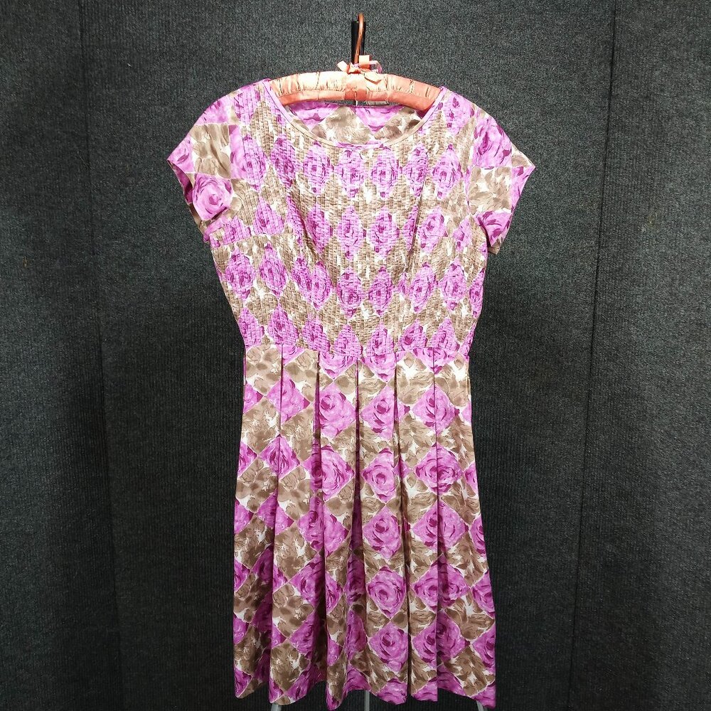 1950's Vintage Taupe Fuchsia Floral Circle Dress with Matching Belt by Toni Hunt